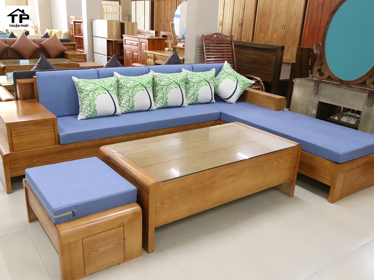 BỘ SOFA GÓC GỖ SỒI ĐỆM NỈ MÀU XANH