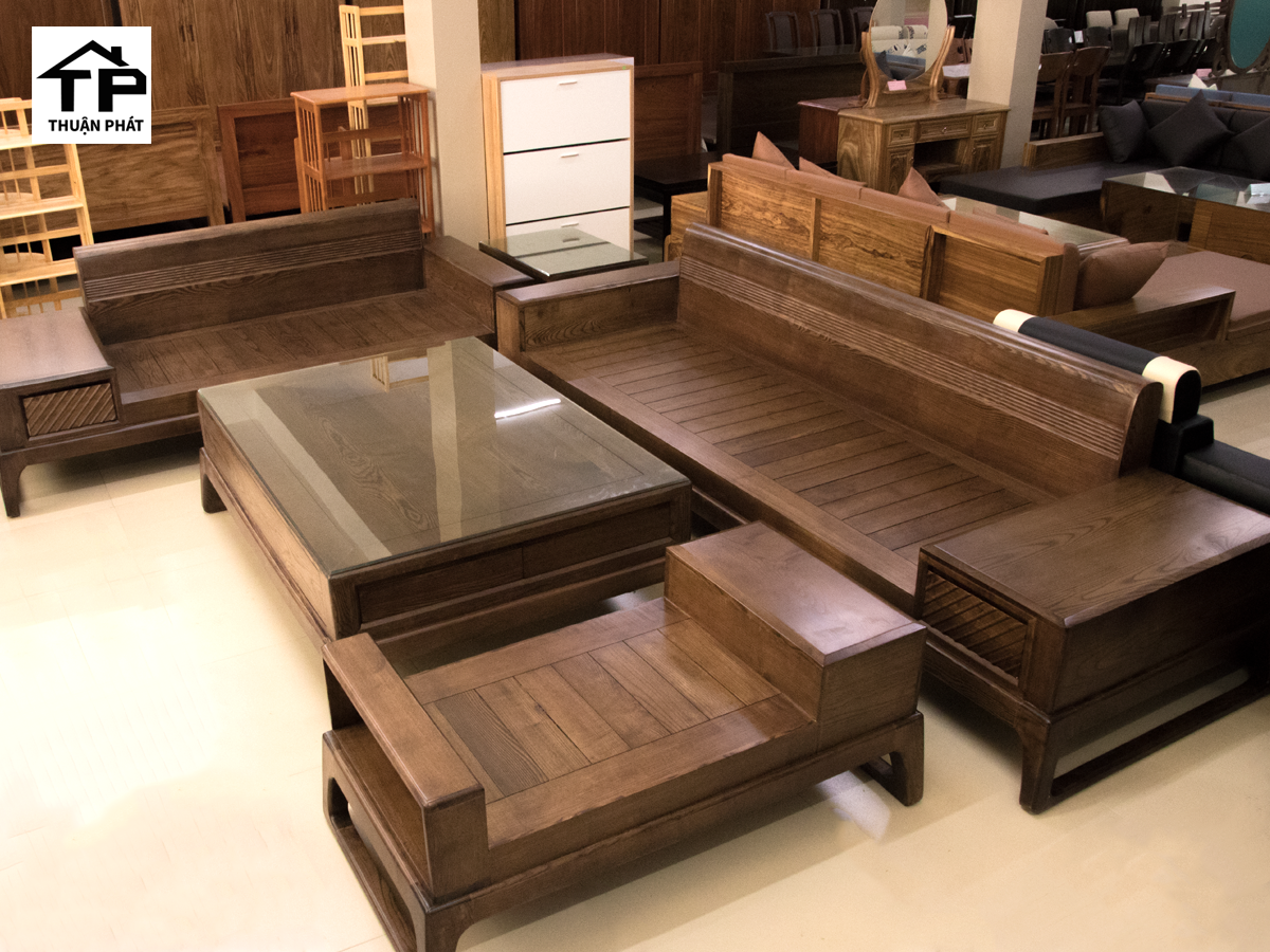 BỘ SOFA GỖ SỒI PHUN MÀU ÓC CHÓ